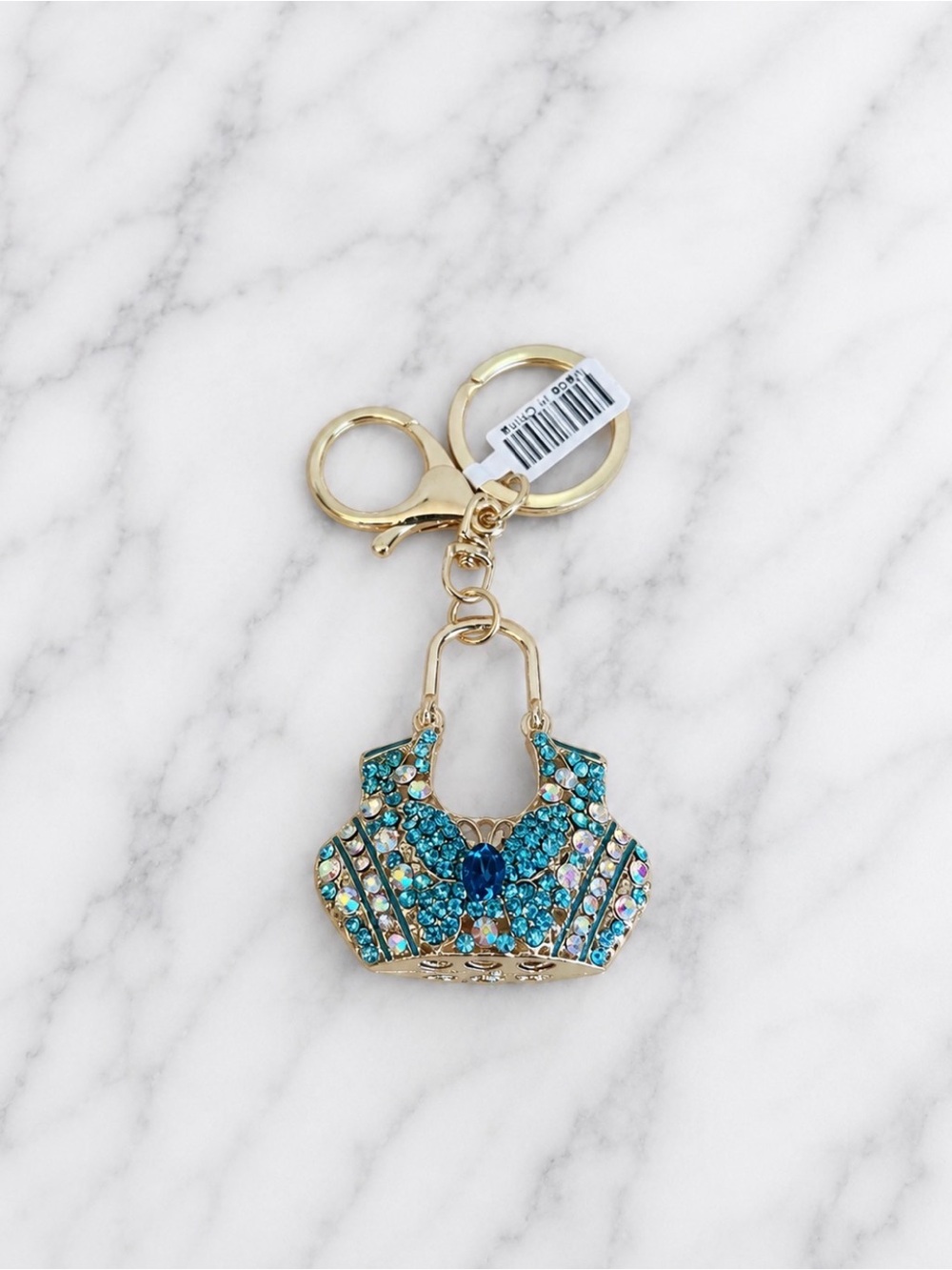 Teal Rhinestone Handbag Bag Charm/Keyring on Gold Hardware